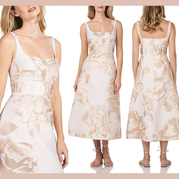 NWT $300 Kay Unger‎ [ 6 ] FLoral Jacquard Tea Length Dress in Champagne #J1761 - Picture 2 of 14